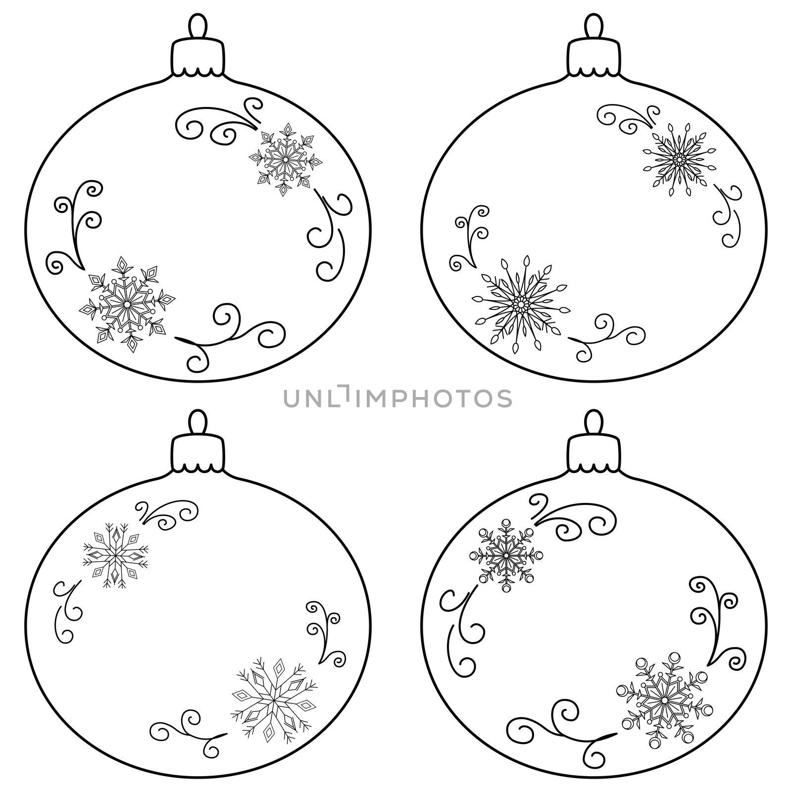 Christmas tree decoration: set glass balls with snowflakes, contours