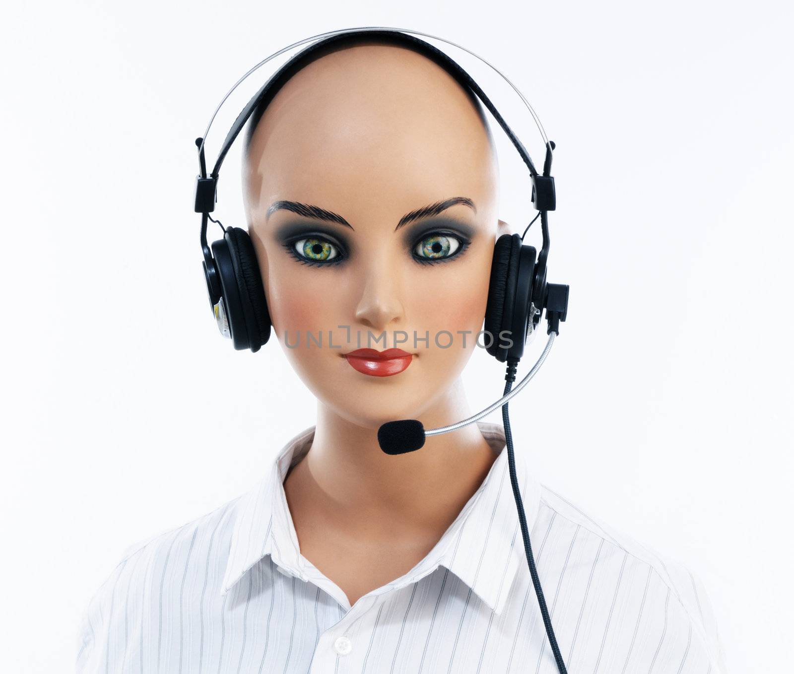 Female mannequin with headset over white background.