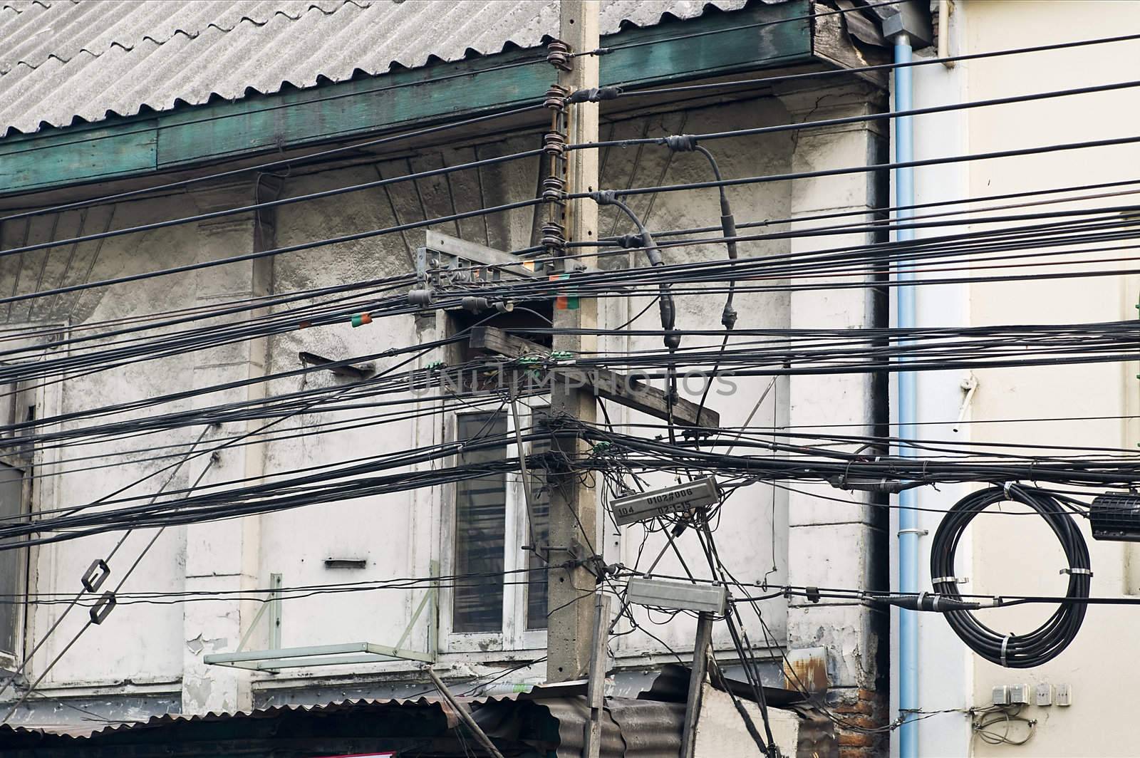 Many electrical wires in Bangkok, Thailand