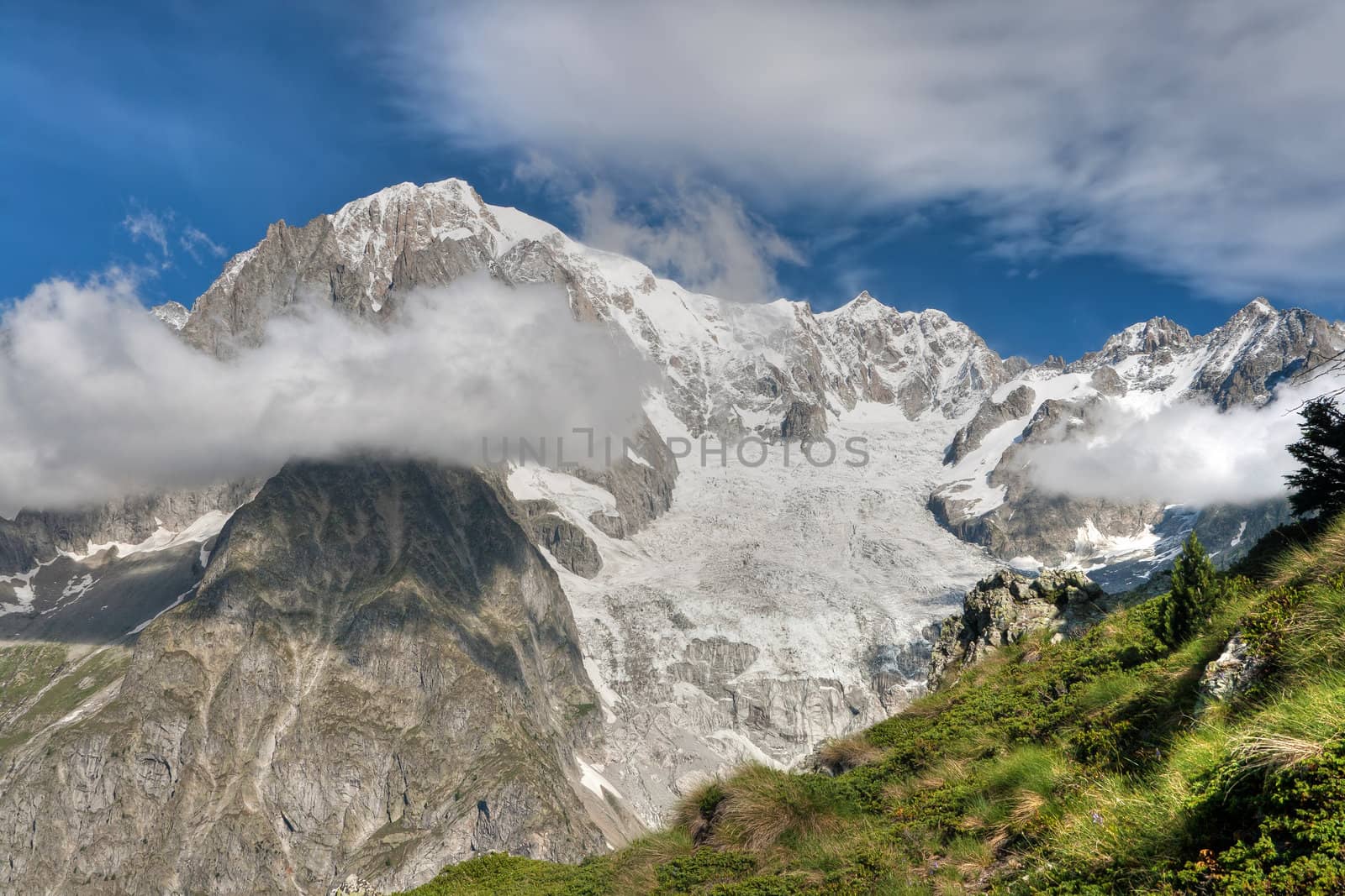 summer view Mont Blanc from Veny valley, Courmayeur, Italy.