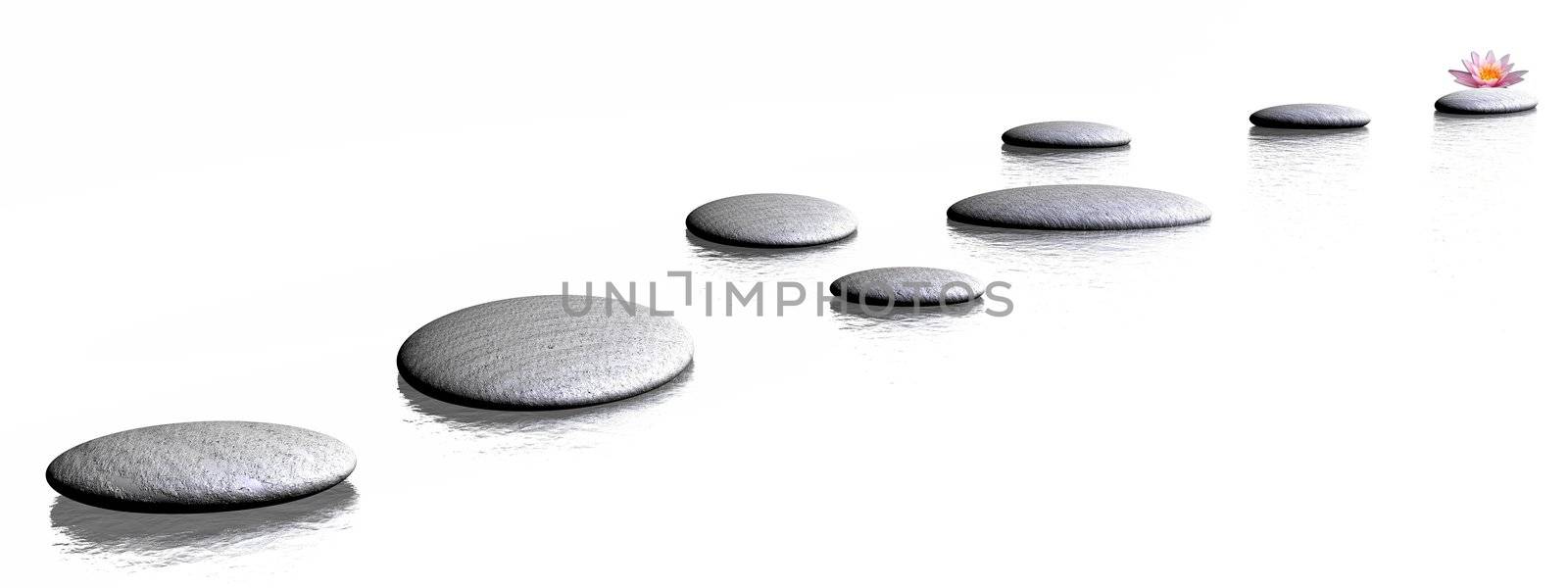 Grey stones steps to a pink lily flower in a white background