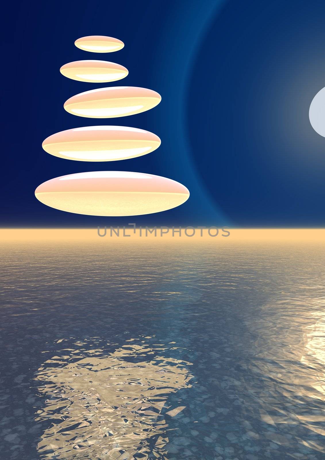 Orange stones in a deep blue sky upon the ocean and next to the moon by night