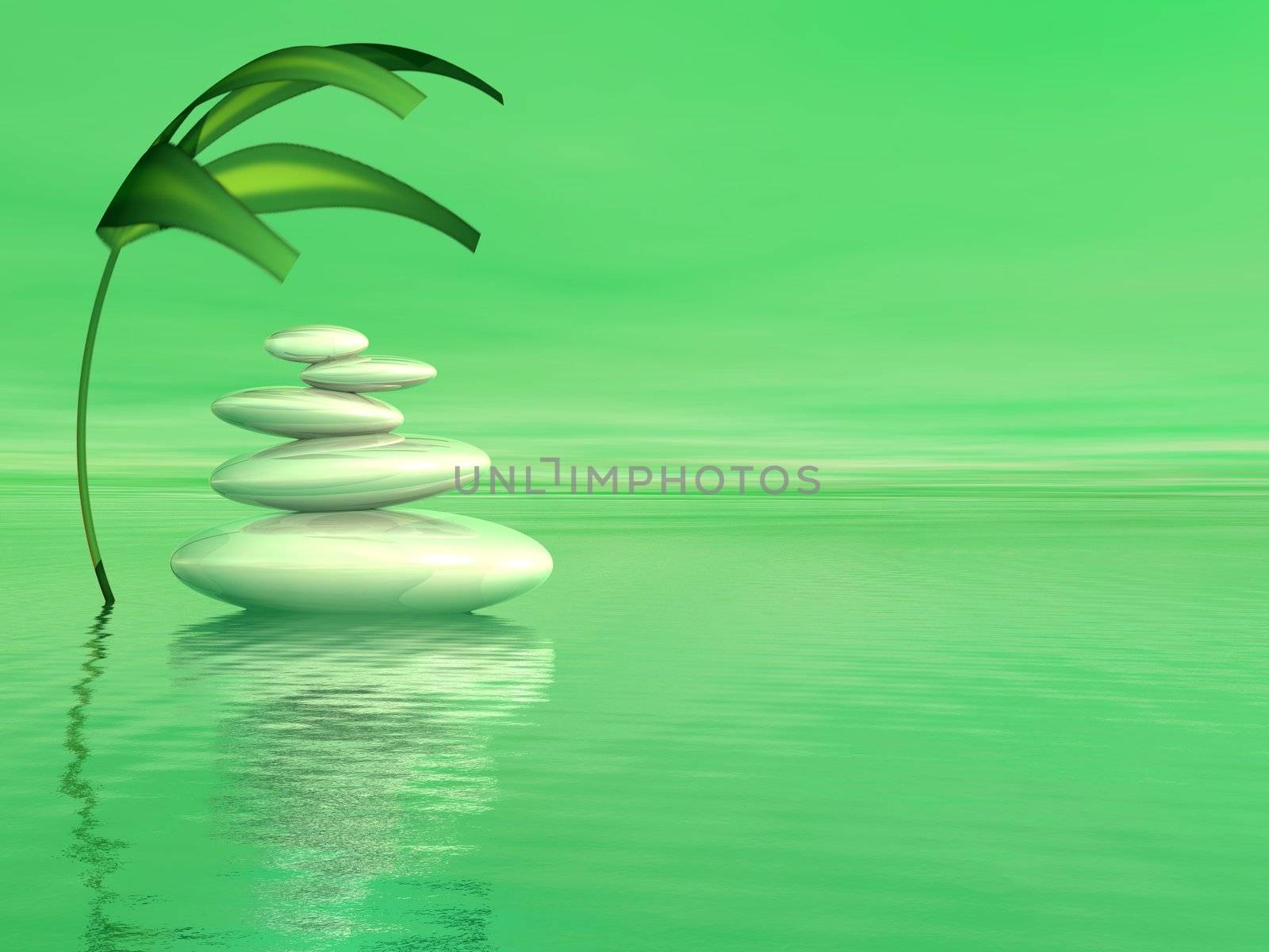 Balanced white stones upon the ocean and under a covering plant in a green background