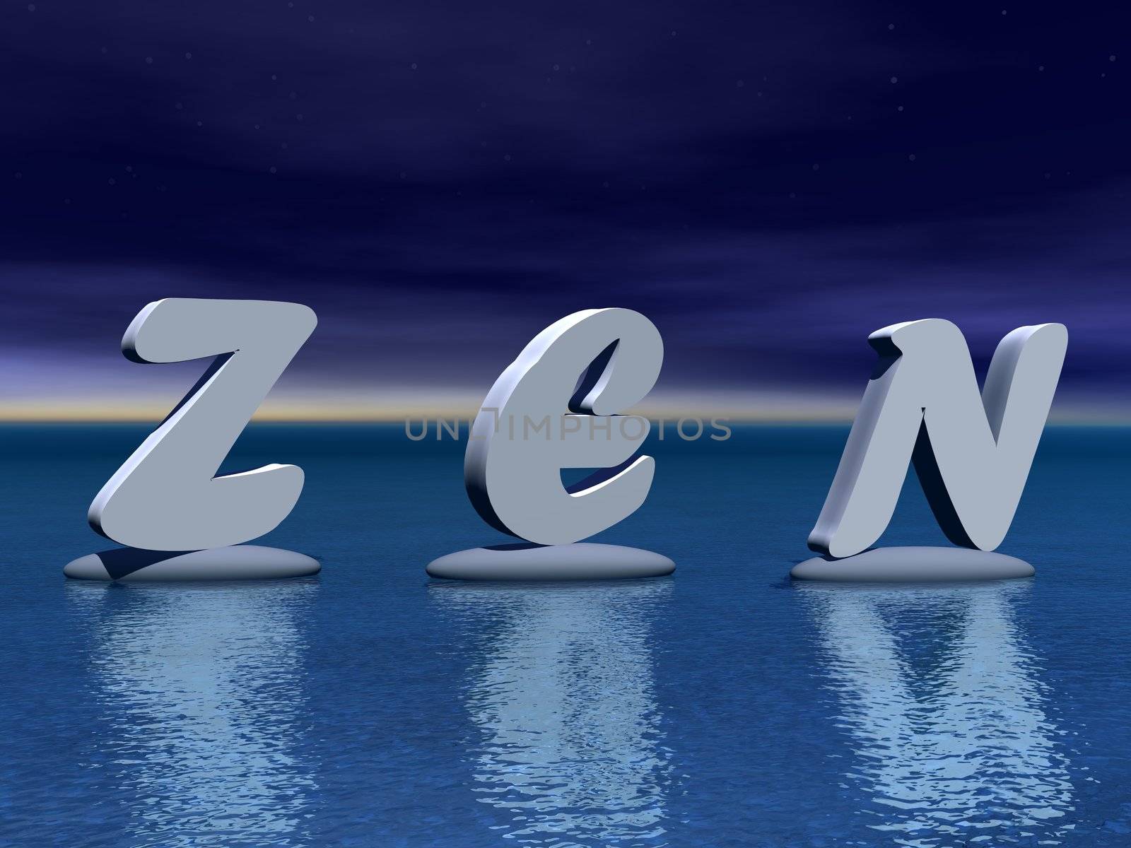 Zen grey letters upon three stones in the ocean by a deep blue night