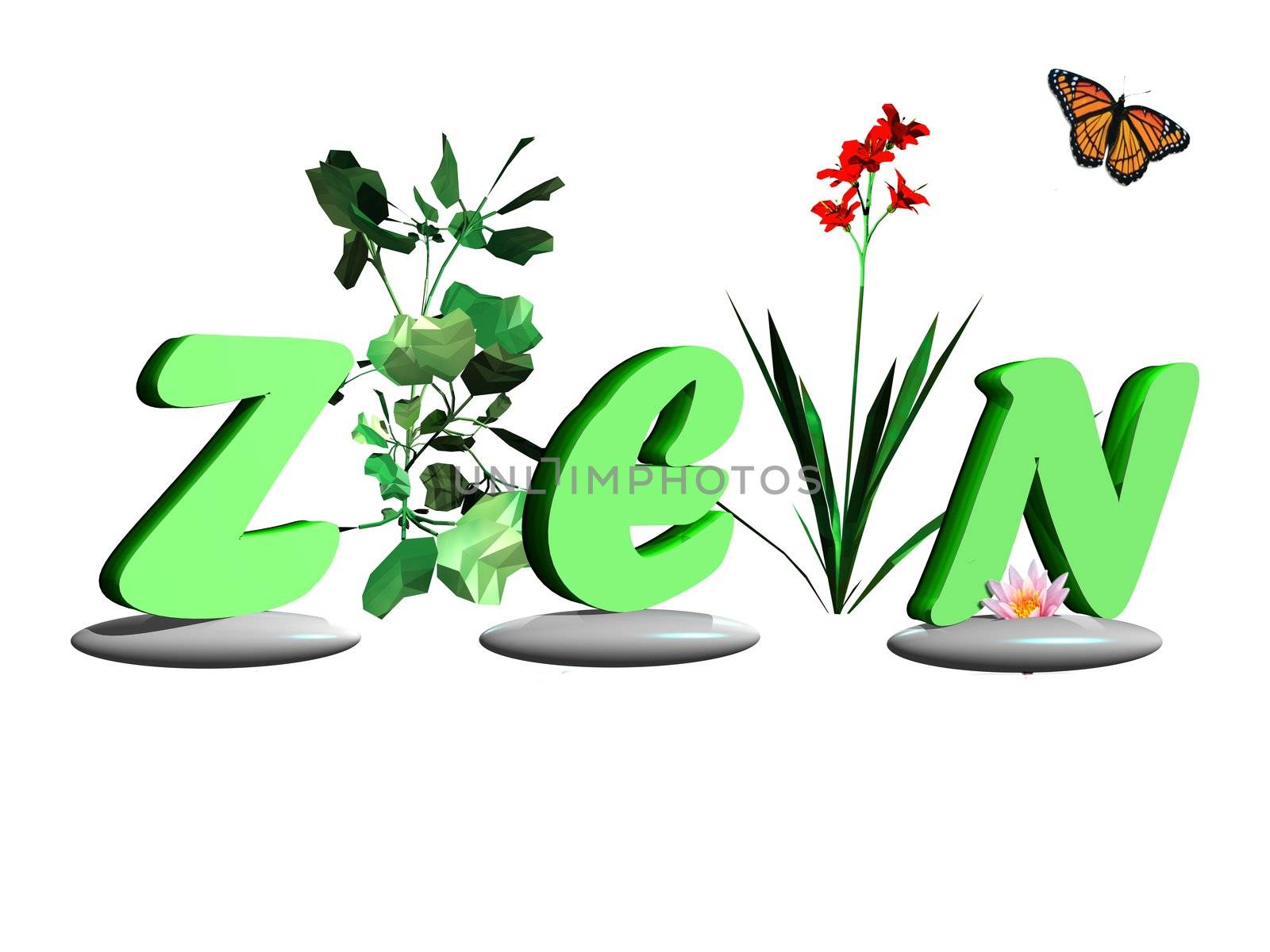 Zen green letters upon grey stones and surrounded with plants, flowers and butterfly in a white background