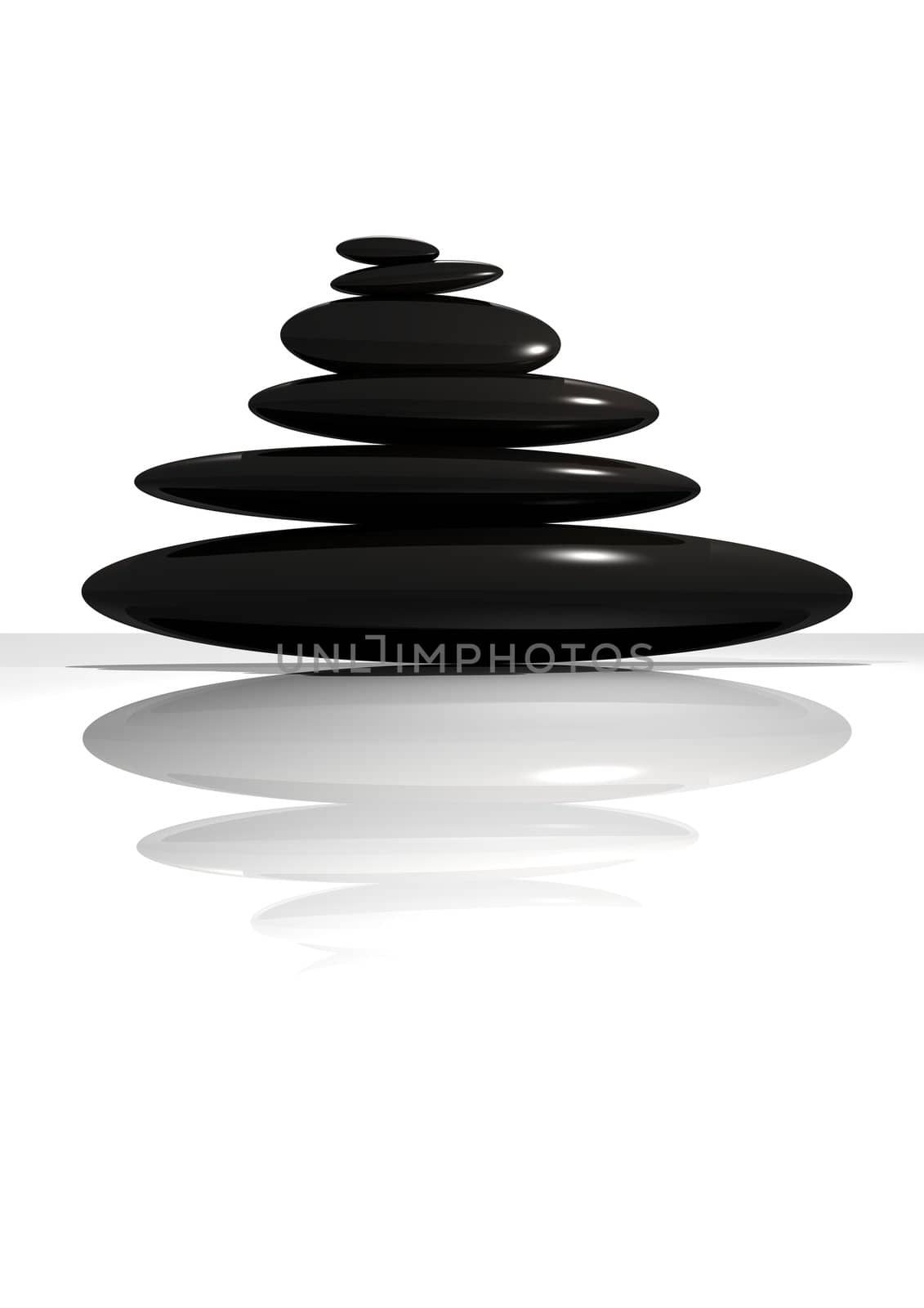 Several balanced black stones ant its grey reflection in a white background