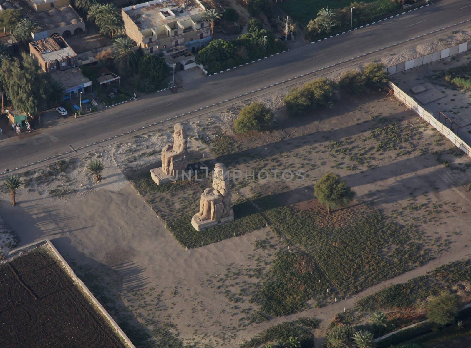 Colossus of Menmon Luxor Egypt, aerial shot