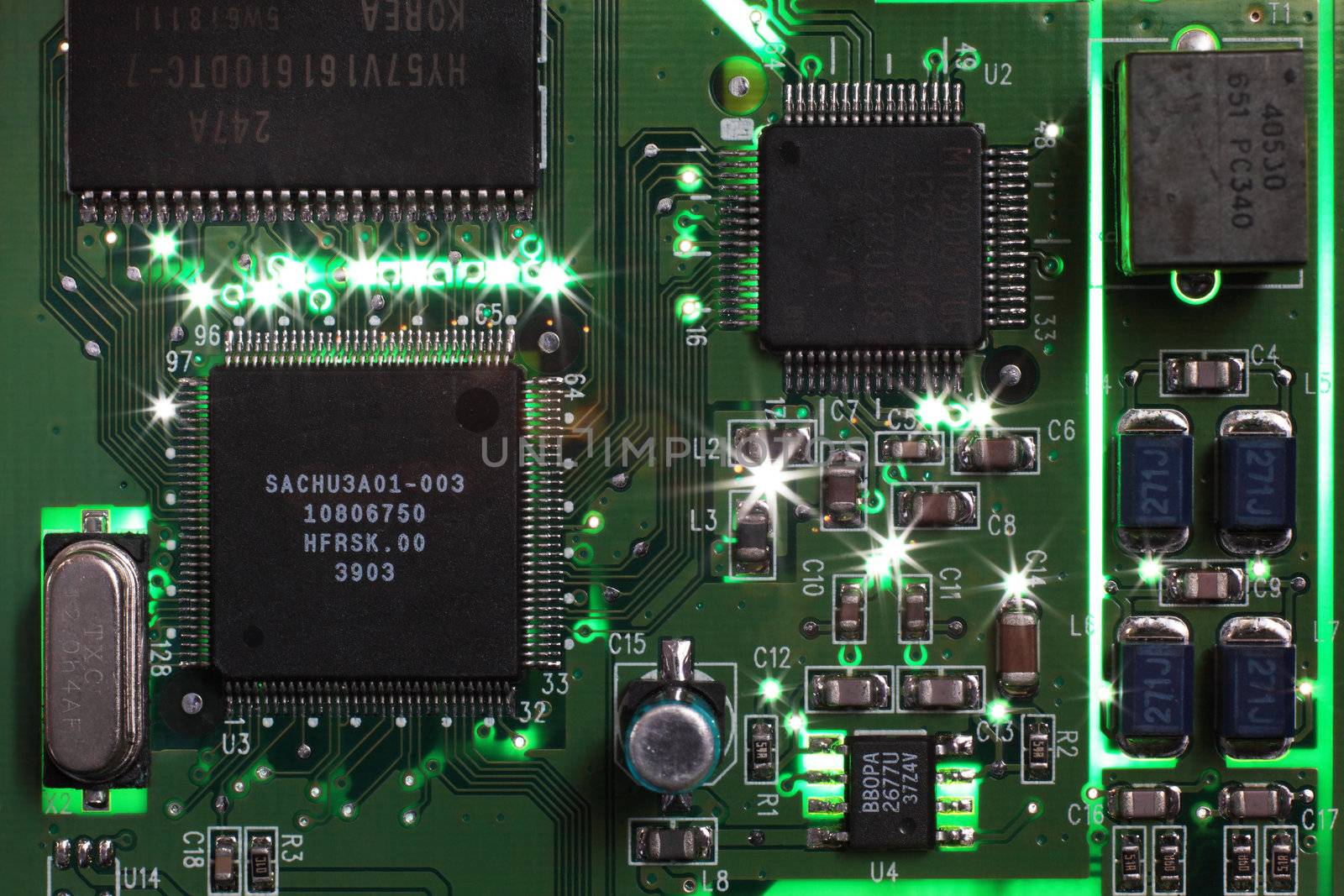 Glowing printed circuit board macro detail