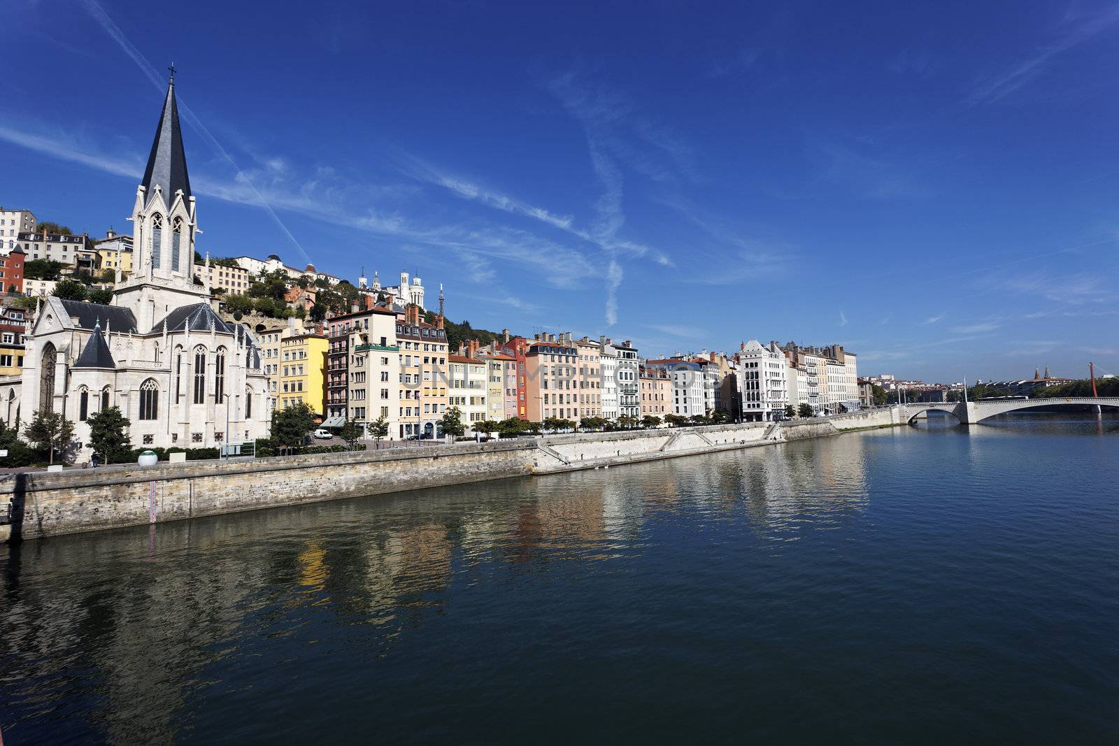 Panoramic view of Lyon and Saone River in summer