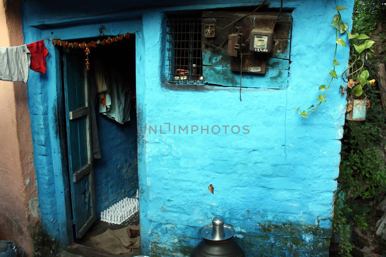 A blue colored old house in the Indian ghettos.