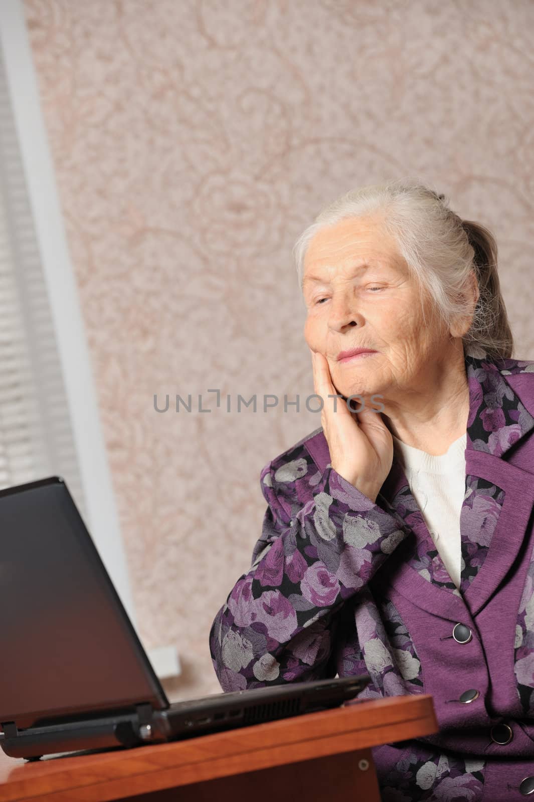The elderly woman in front of the laptop. A photo in a room