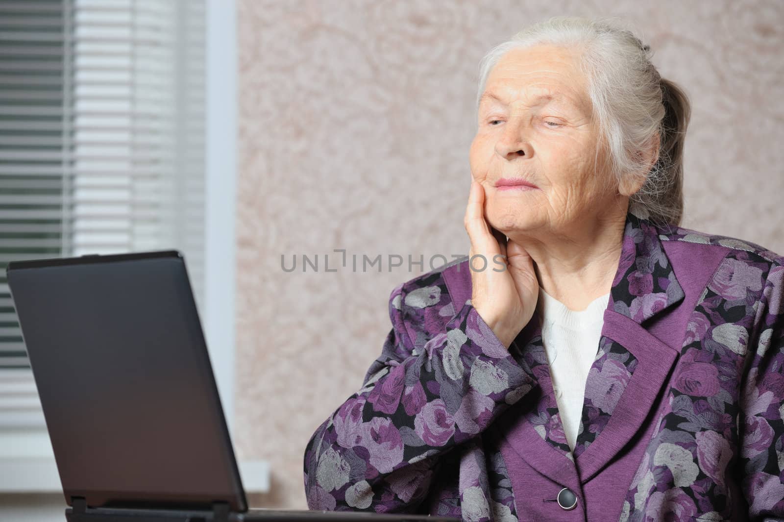 The elderly woman in front of the laptop. A photo in a room