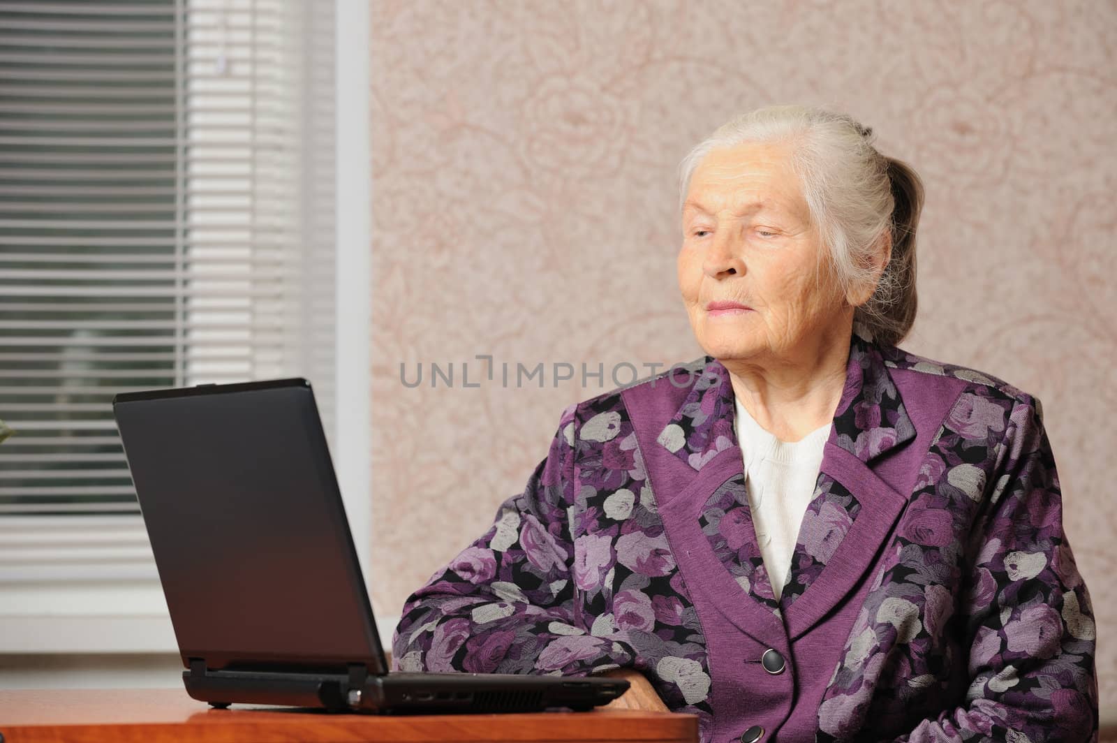 The elderly woman in front of the laptop. A photo in a room