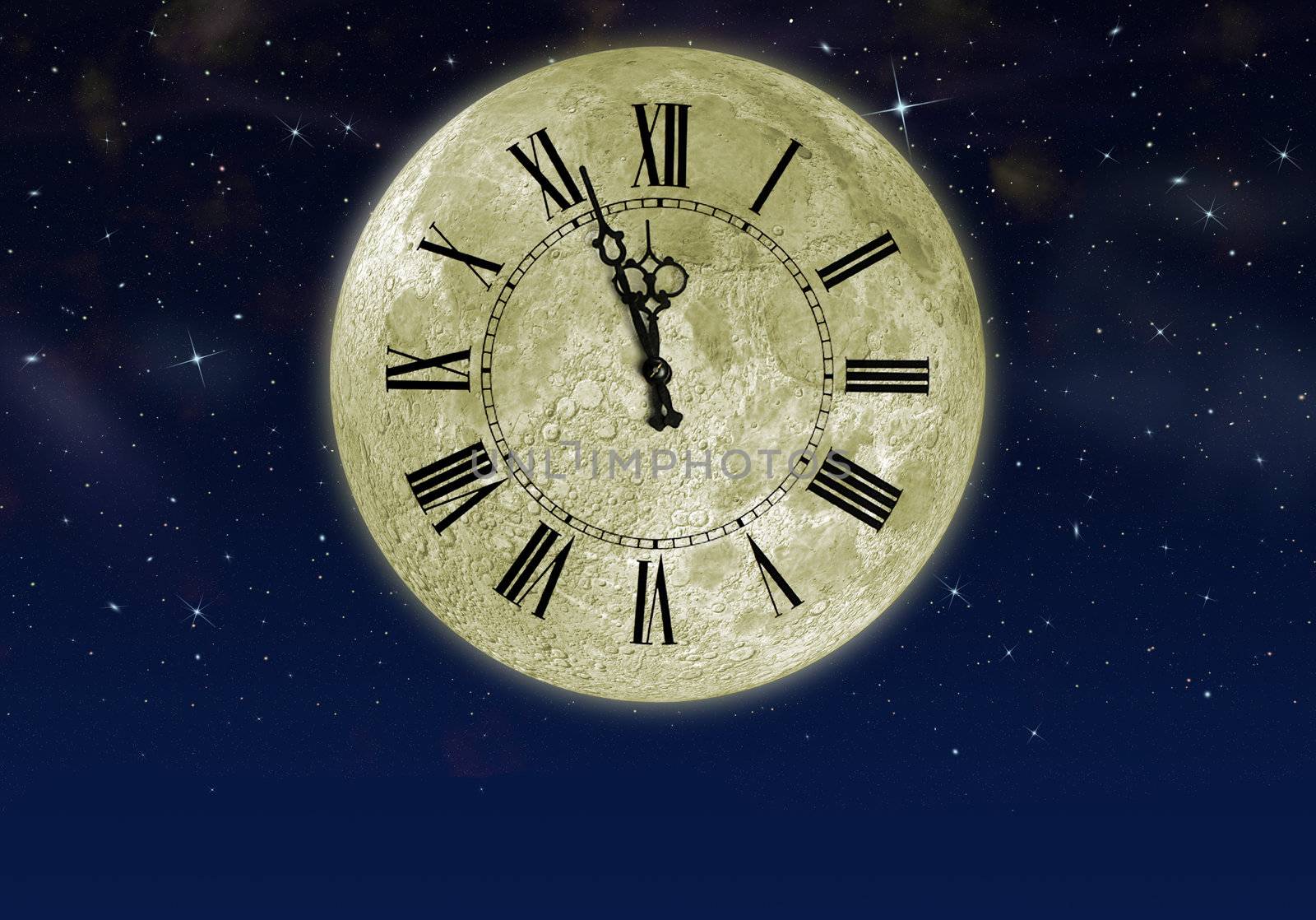 The moon with arrow clock in the star sky. Concept eve of New year