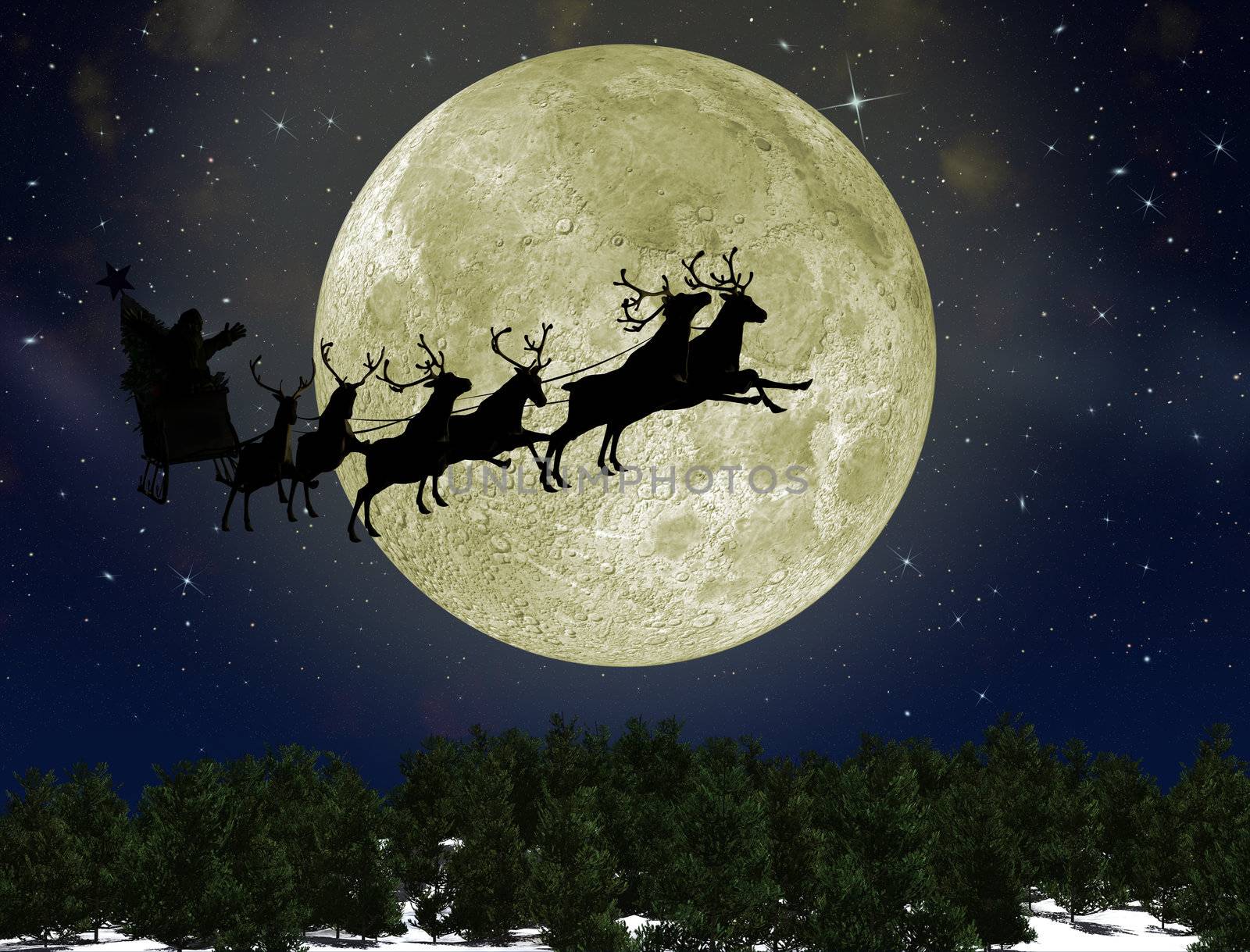 Santa Claus On Sledge With Deer against the bright moon by galdzer