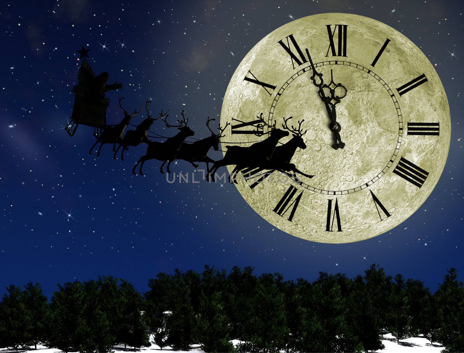 Santa Claus On Sledge With Deer against the bright moon with arrows clock. Concept eve of New year