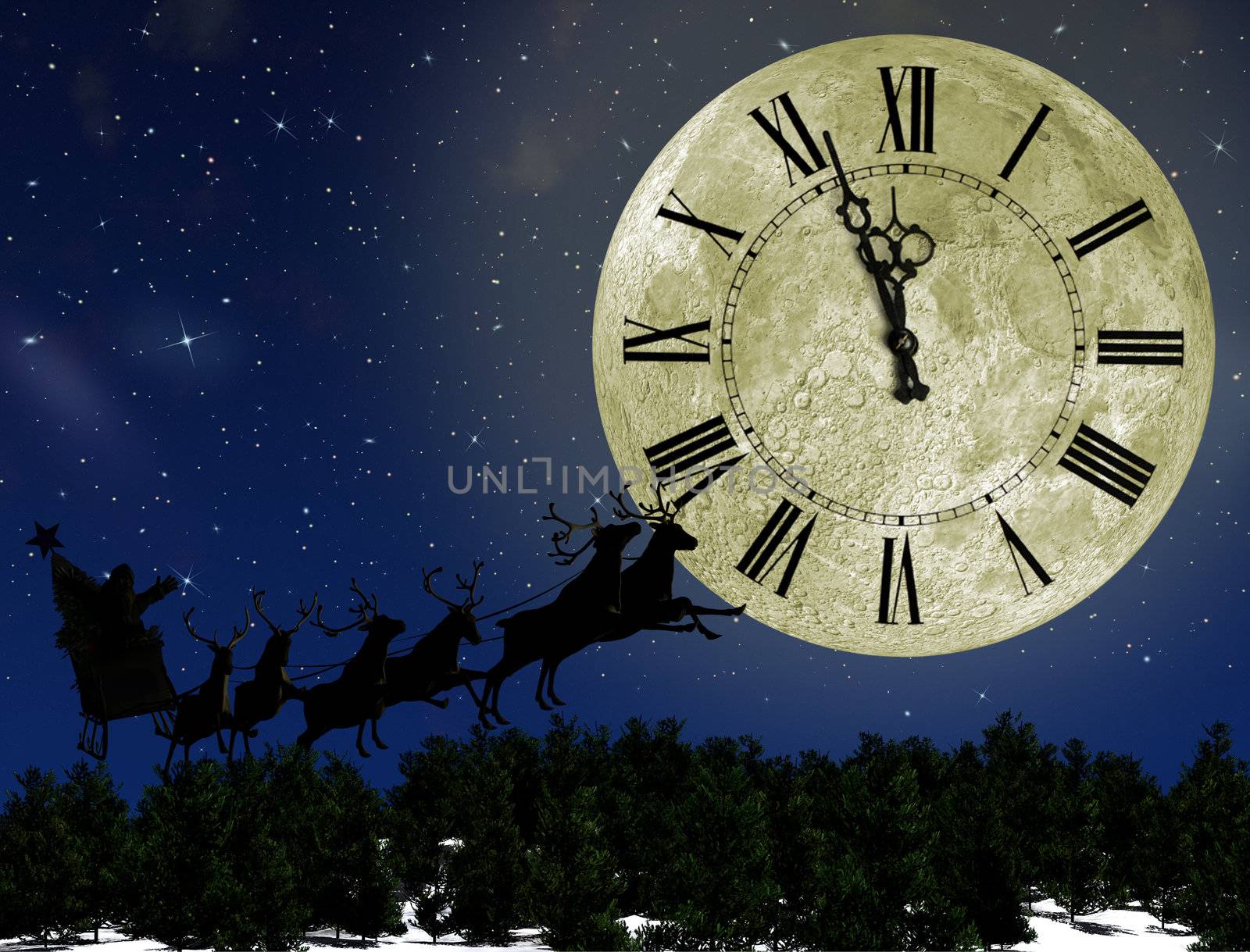 Santa Claus On Sledge With Deer against the bright moon with arrows clock. Concept eve of New year