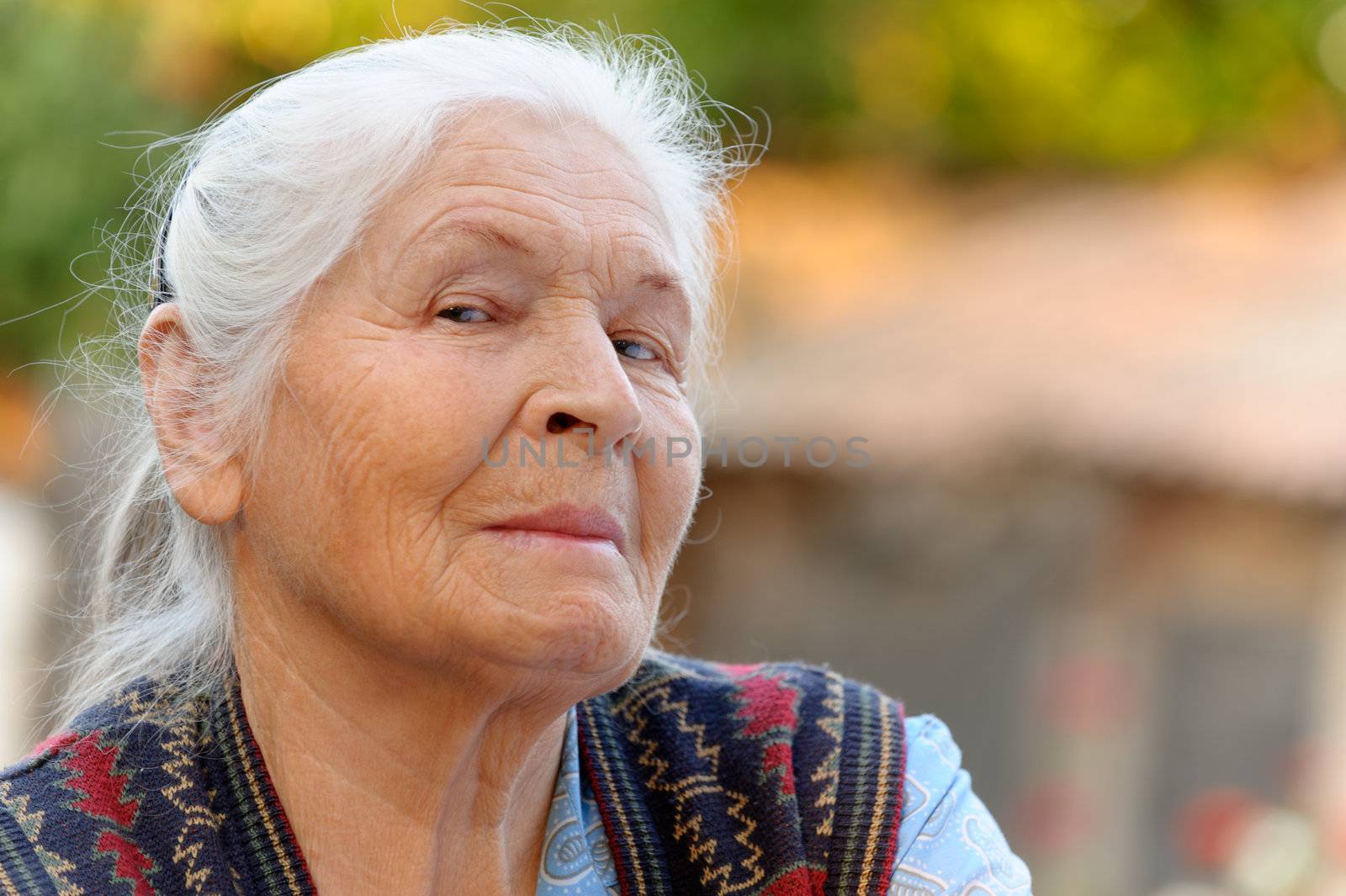 Portrait of the elderly woman. A photo on outdoors