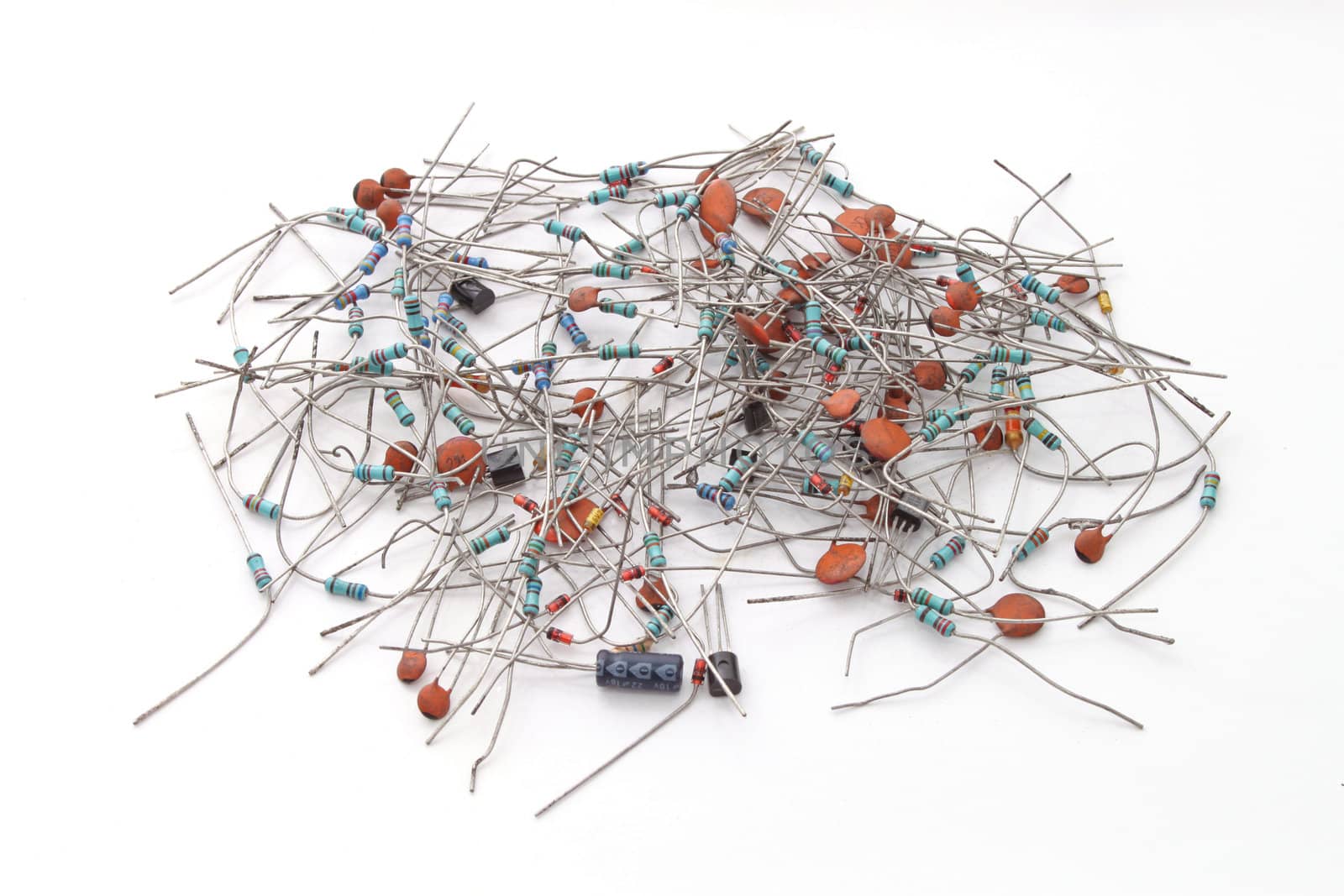 Assorted electronics components  on a plain white background.