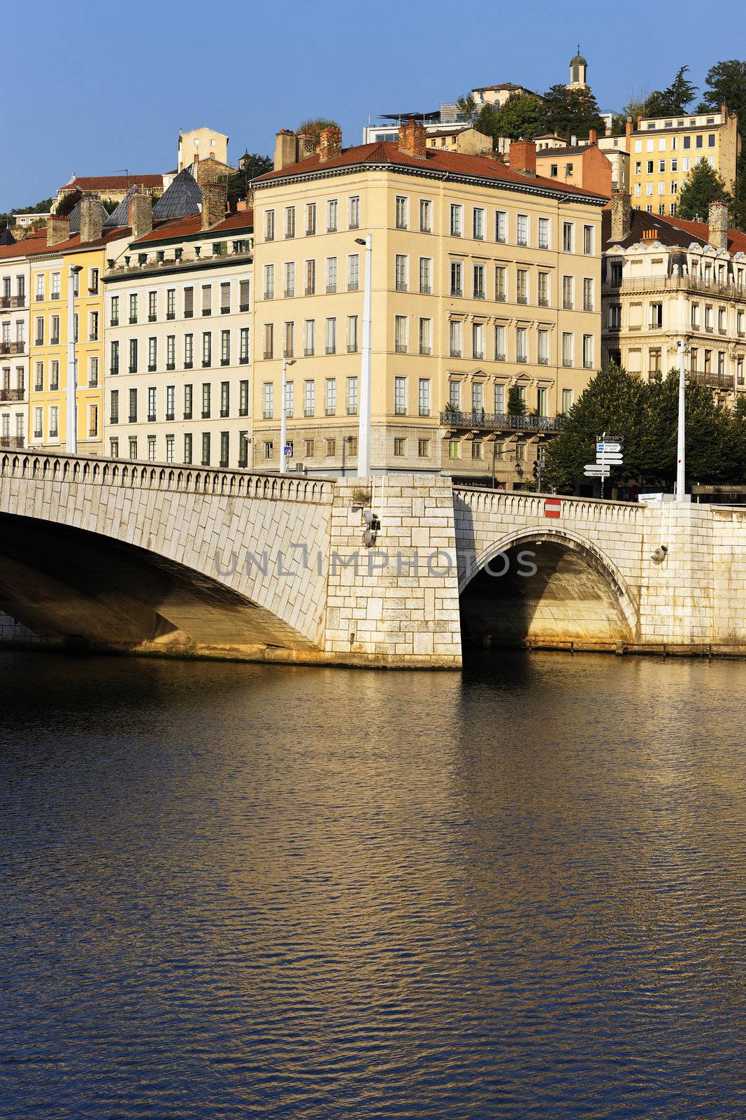 famous ancient bridge on the Saone river in Lyon city