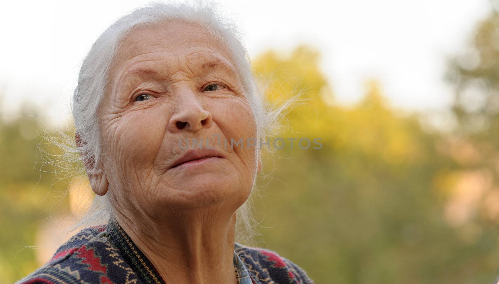 Portrait of the elderly woman. A photo on outdoors