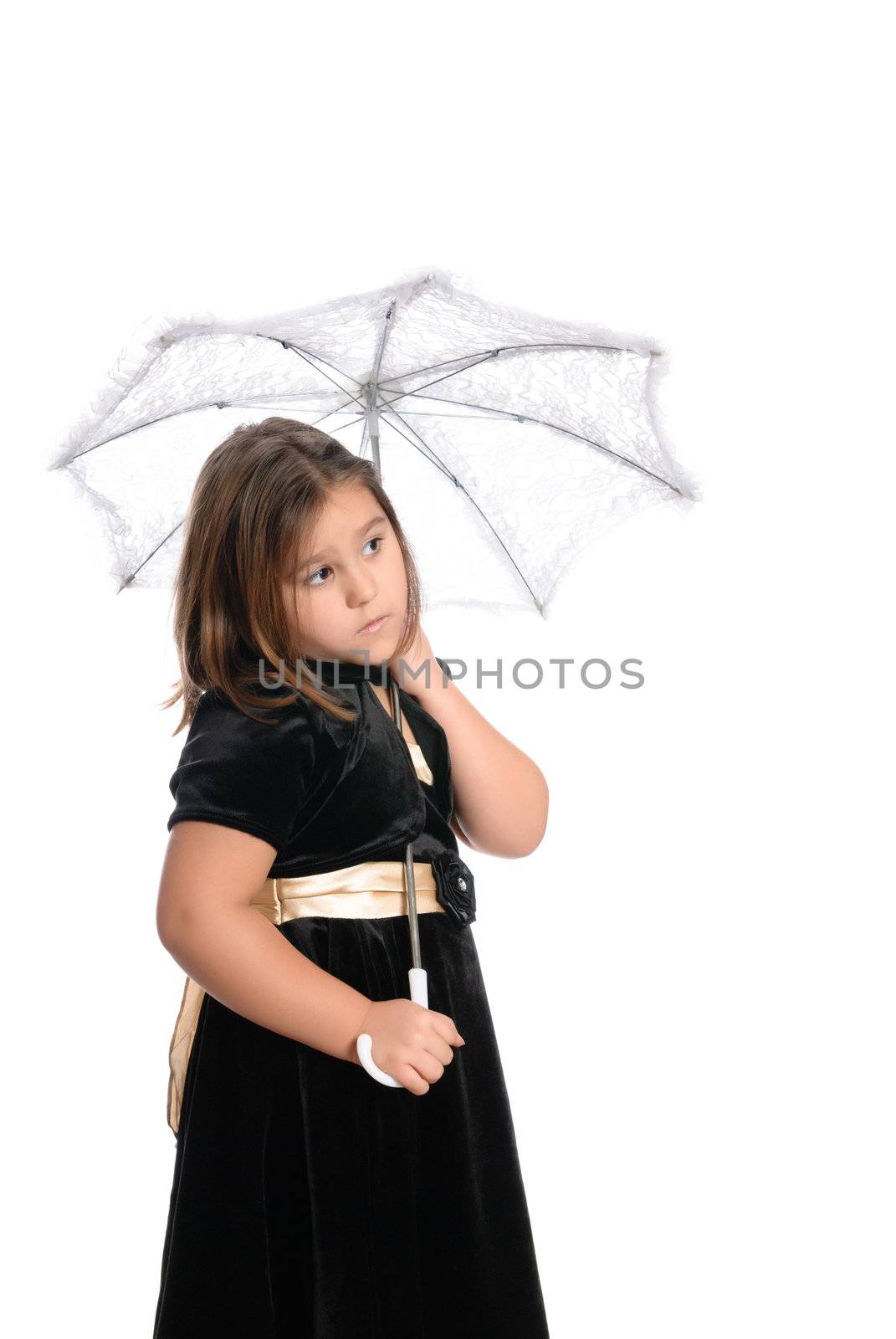 A cute shy little girl is wearing a dress and holding an umbrella, isolated against a white background