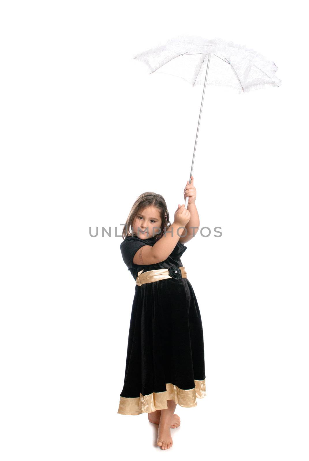 A young female child is holding a lace umbrella, isolated against a white background.