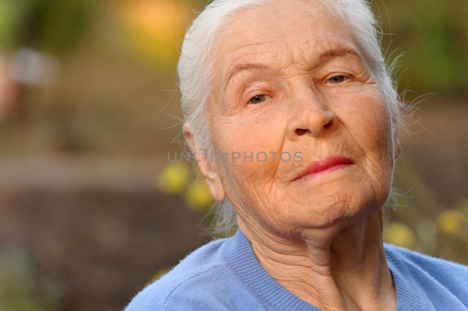 Portrait of the elderly woman. A photo on outdoors