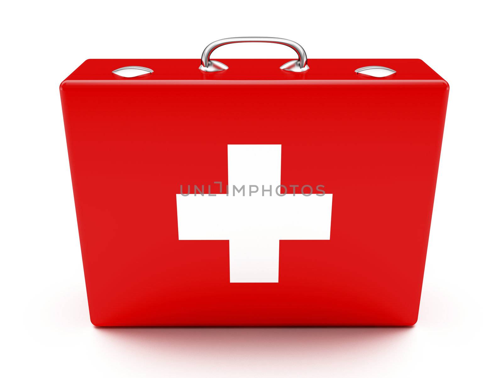 First aid kit. Red suitcase isolated on white background.