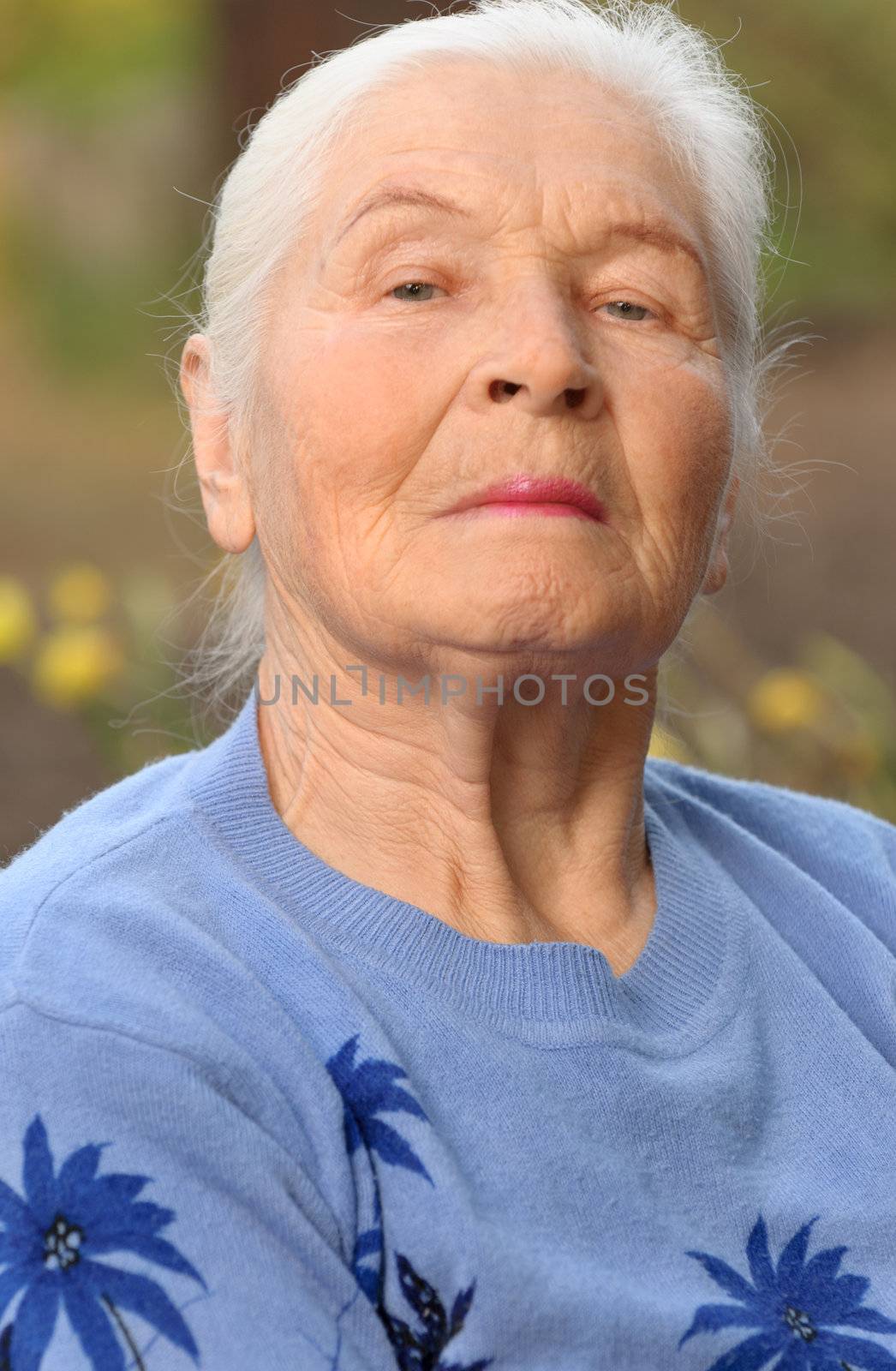 Portrait of the elderly woman. A photo on outdoors