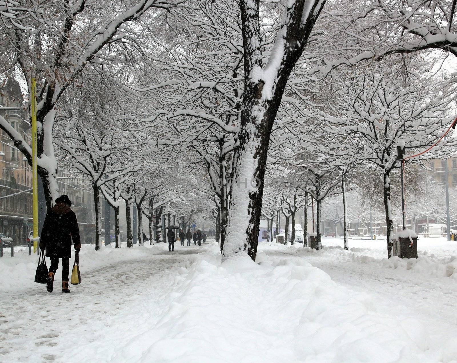 Walkers in Plainpalais place by winter, Geneva, Switzerland by Elenaphotos21