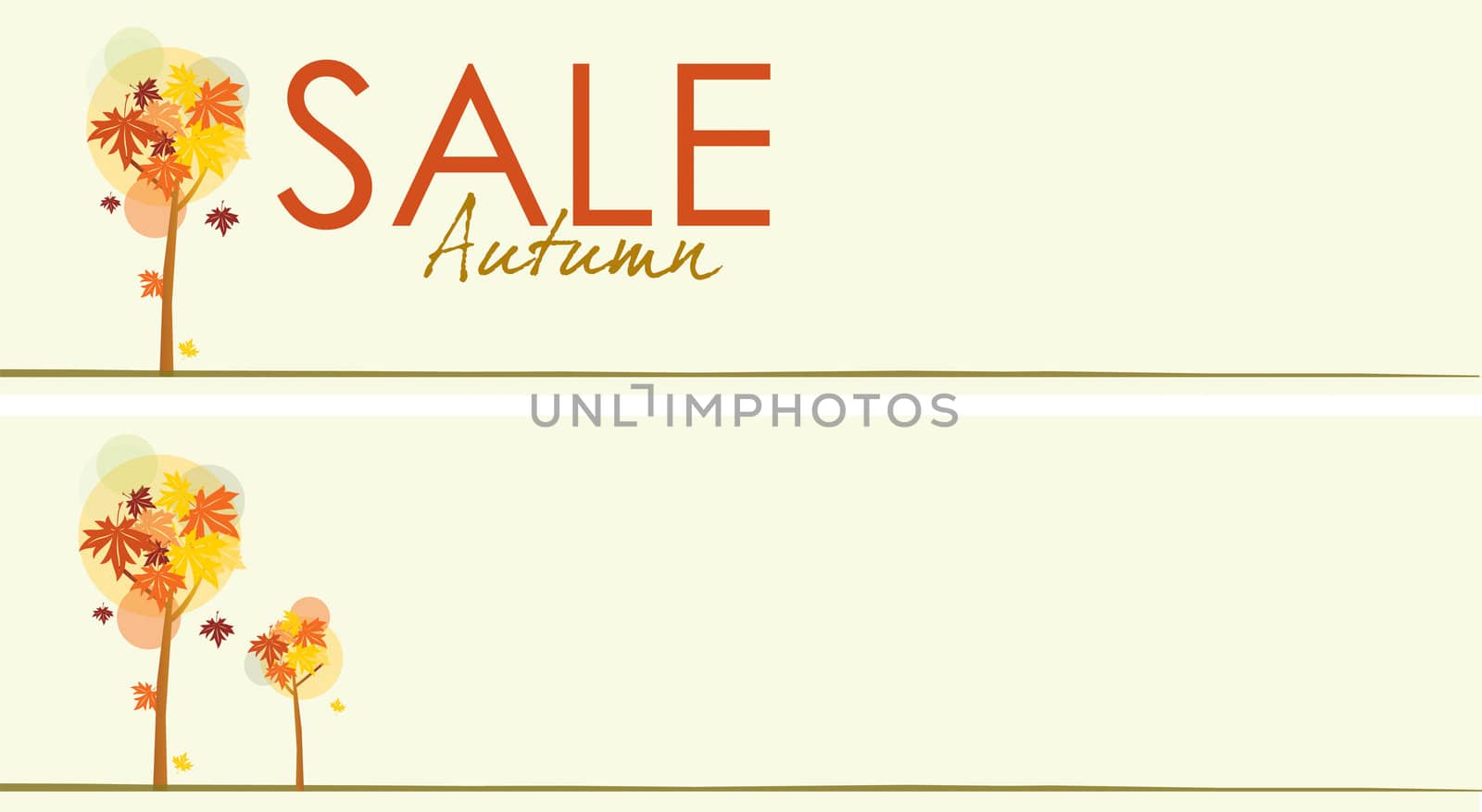 Two horizontal autumnal themed sale banners. Stylized trees and autumn leaves on pale yellow base.