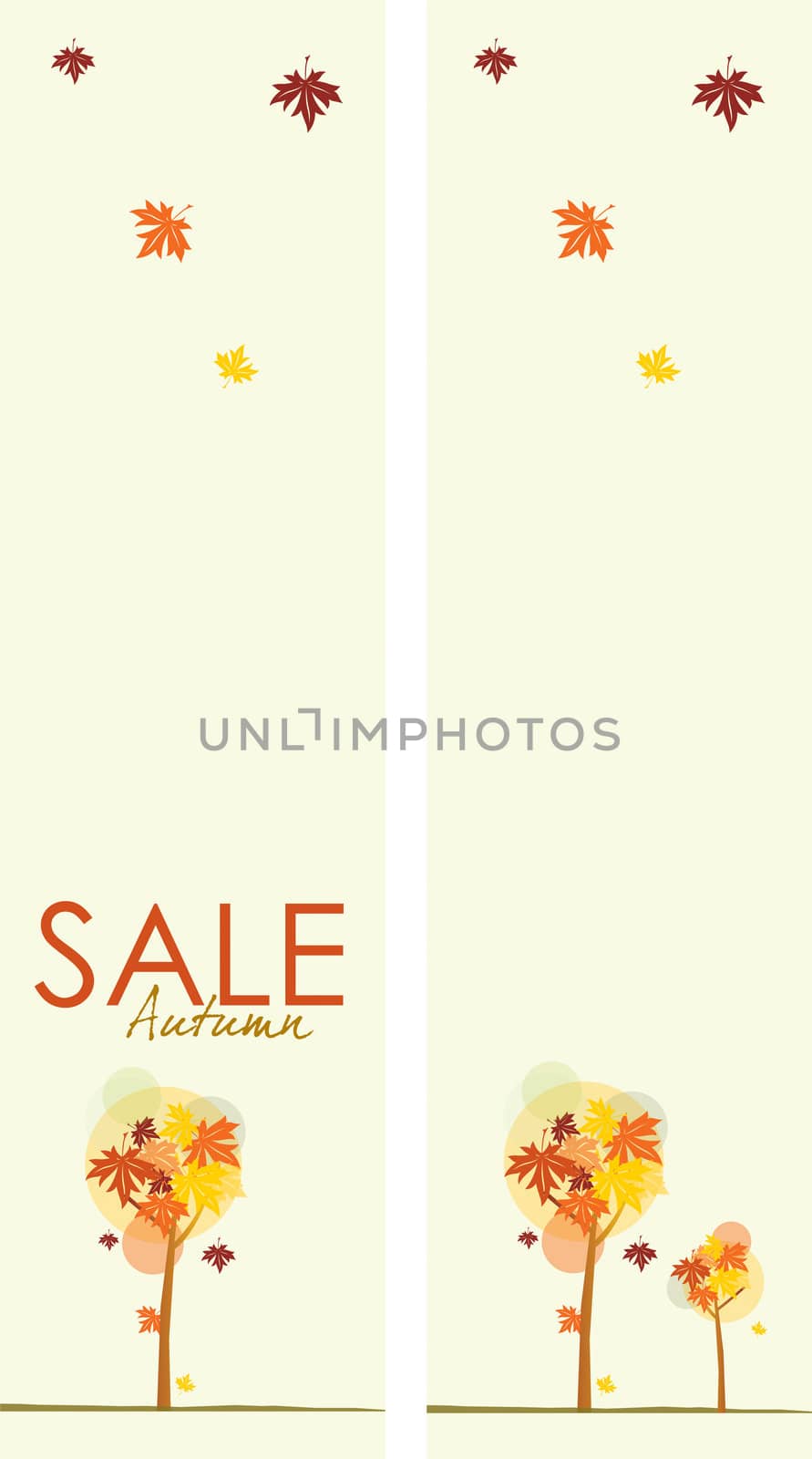 Two vertical autumnal themed sale banners. Stylized trees and autumn leaves on pale yellow base. 