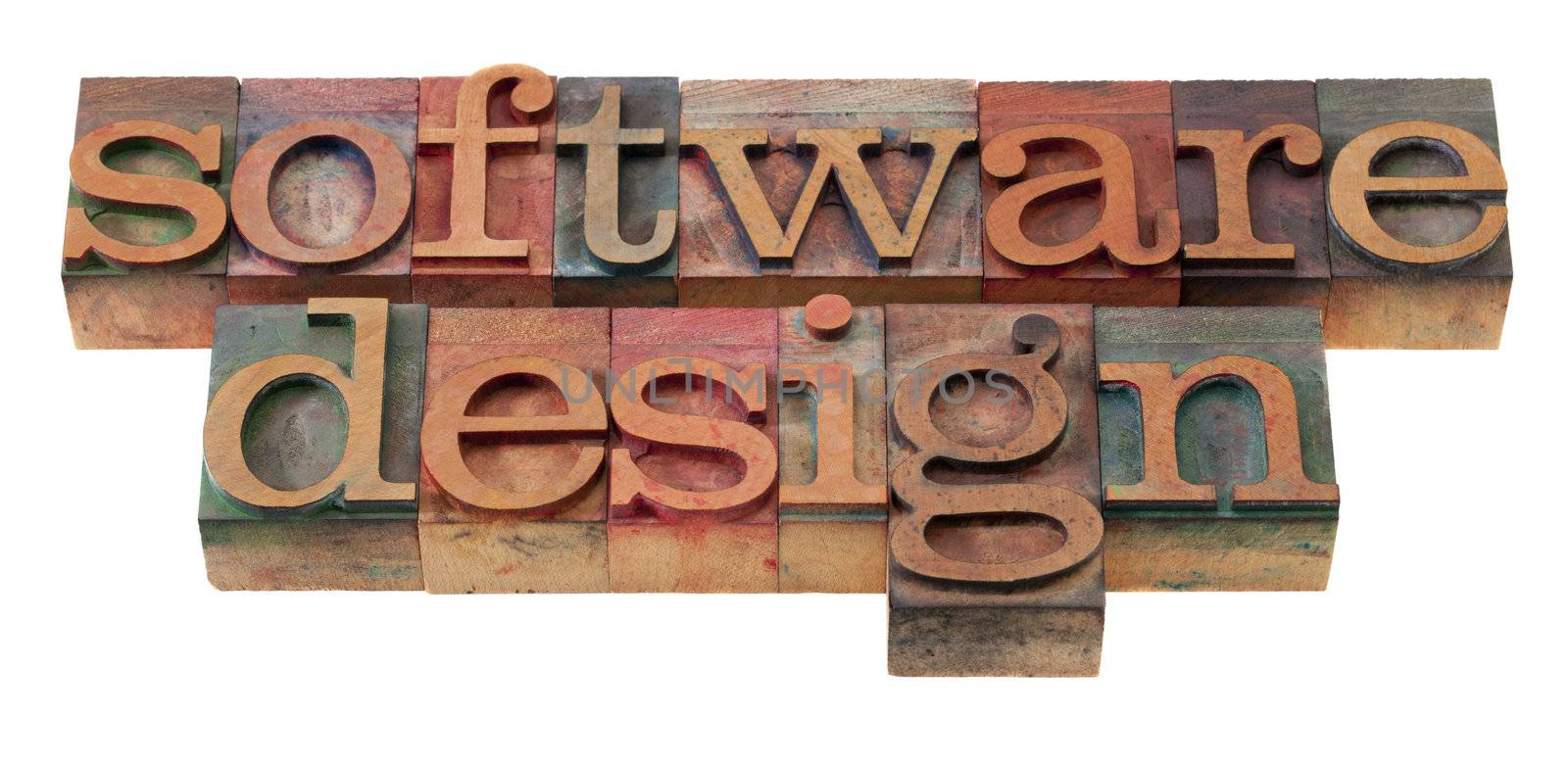 software design  words in vintage wooden letterpress printing blocks, stained by color inks, isolated on white