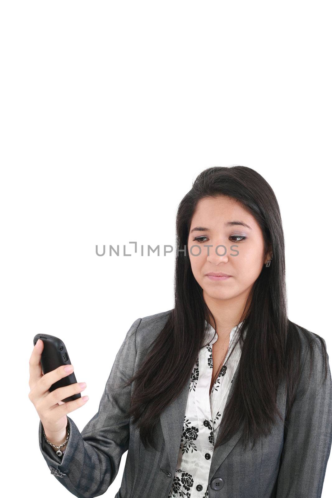 portrait of angry female looking at cellphone, isolated on white background