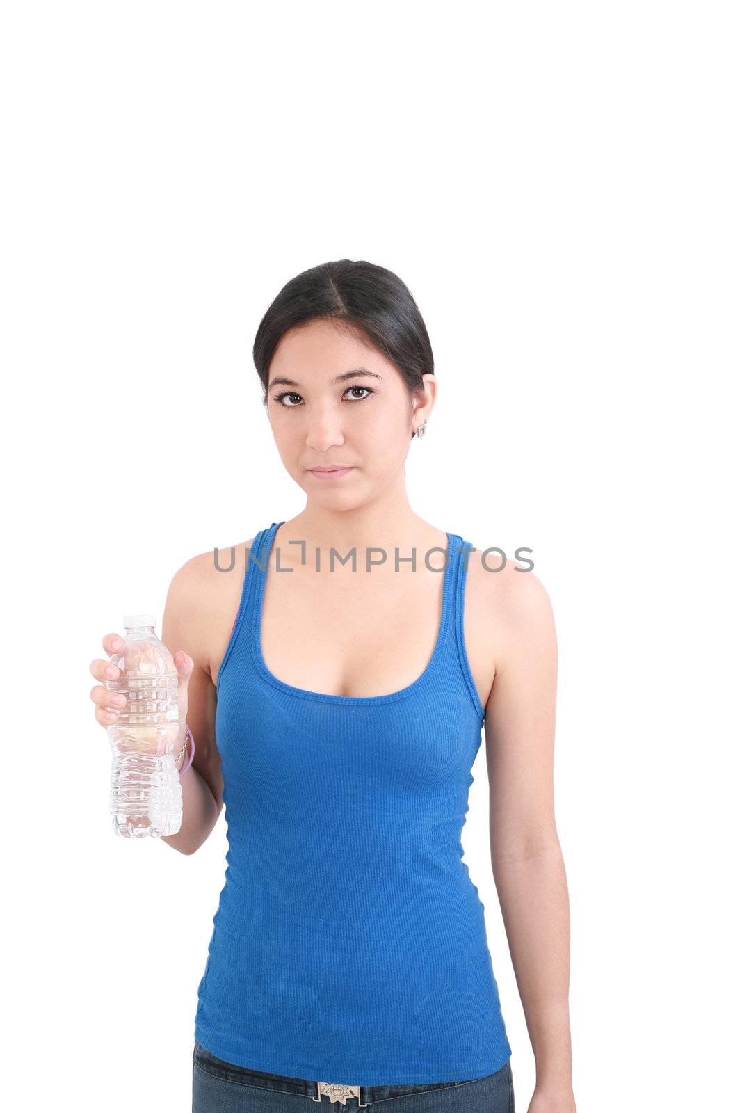 portrait of woman in fitness attire holding water bottle and smiling