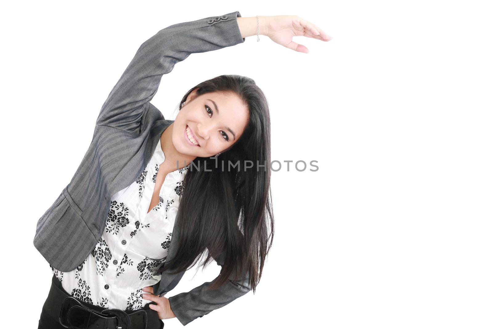 business woman portrait stretching isolated over a white backgro by dacasdo