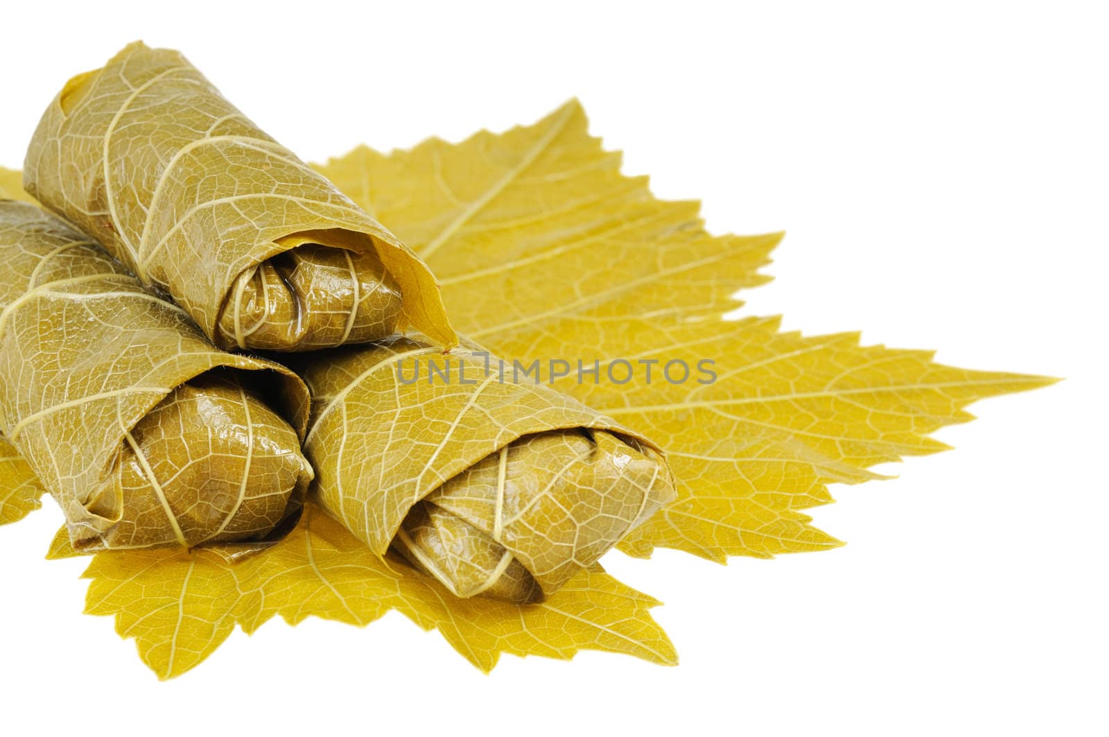 Dolma on grape leaf. Isolated on white background.