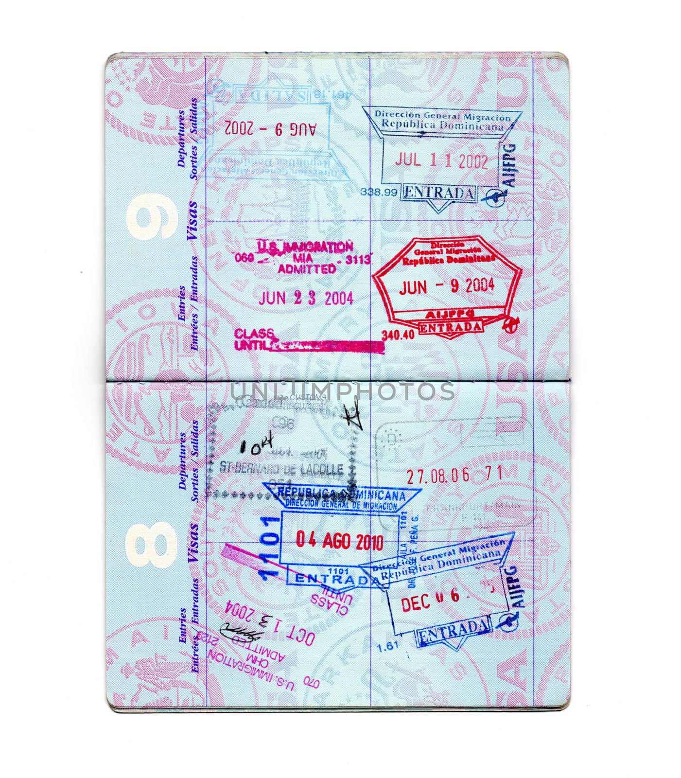 United States Passport Pages with Stamps isolated on white