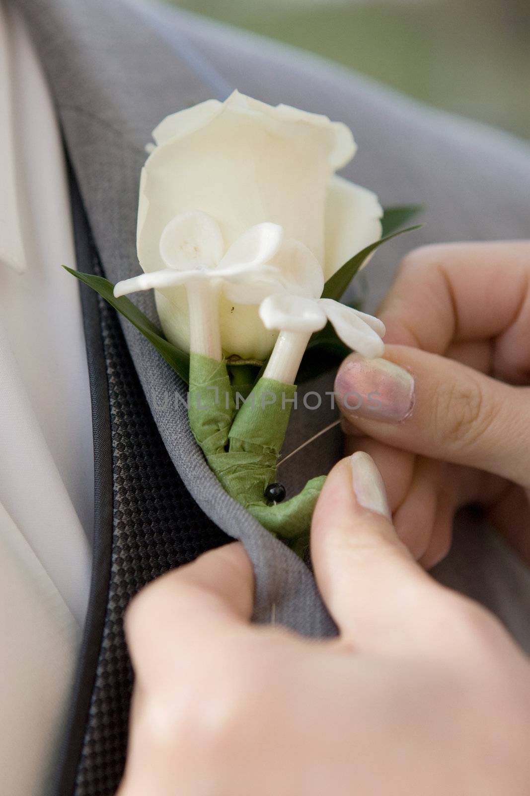 Woman attaching a white bouttonniere to man's gray suit