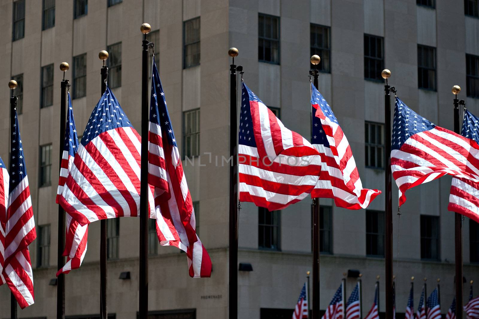 Flags of the United States for 4th of July in front of buildings