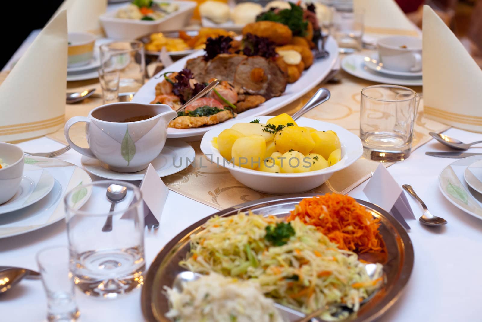 Different appetizing food from table at the wedding reception 
