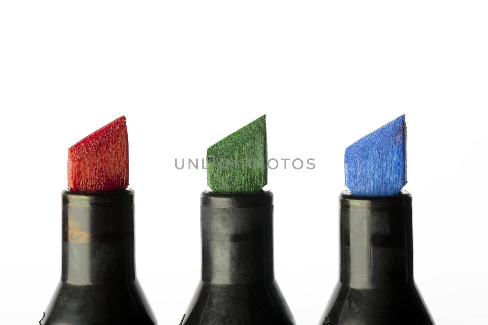 Close up of  red green and blue marker tips isolated on a white background.
