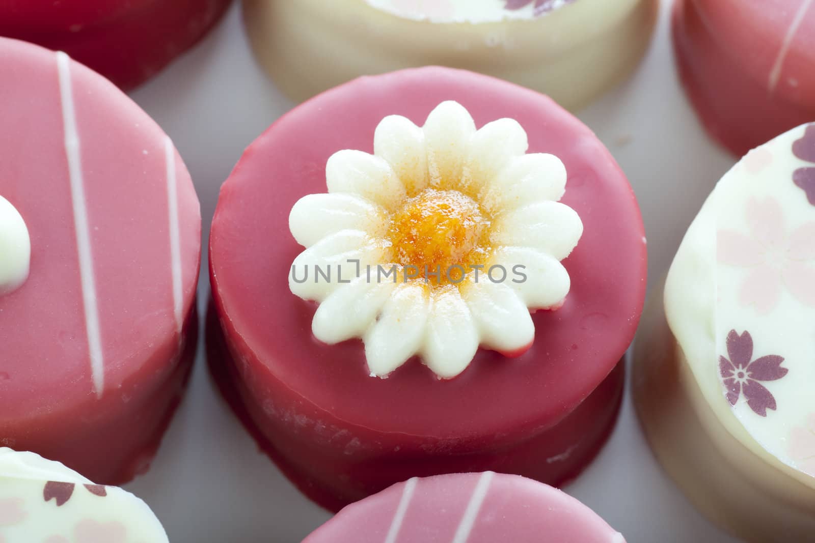Close up of pink petit four with flower decoration.