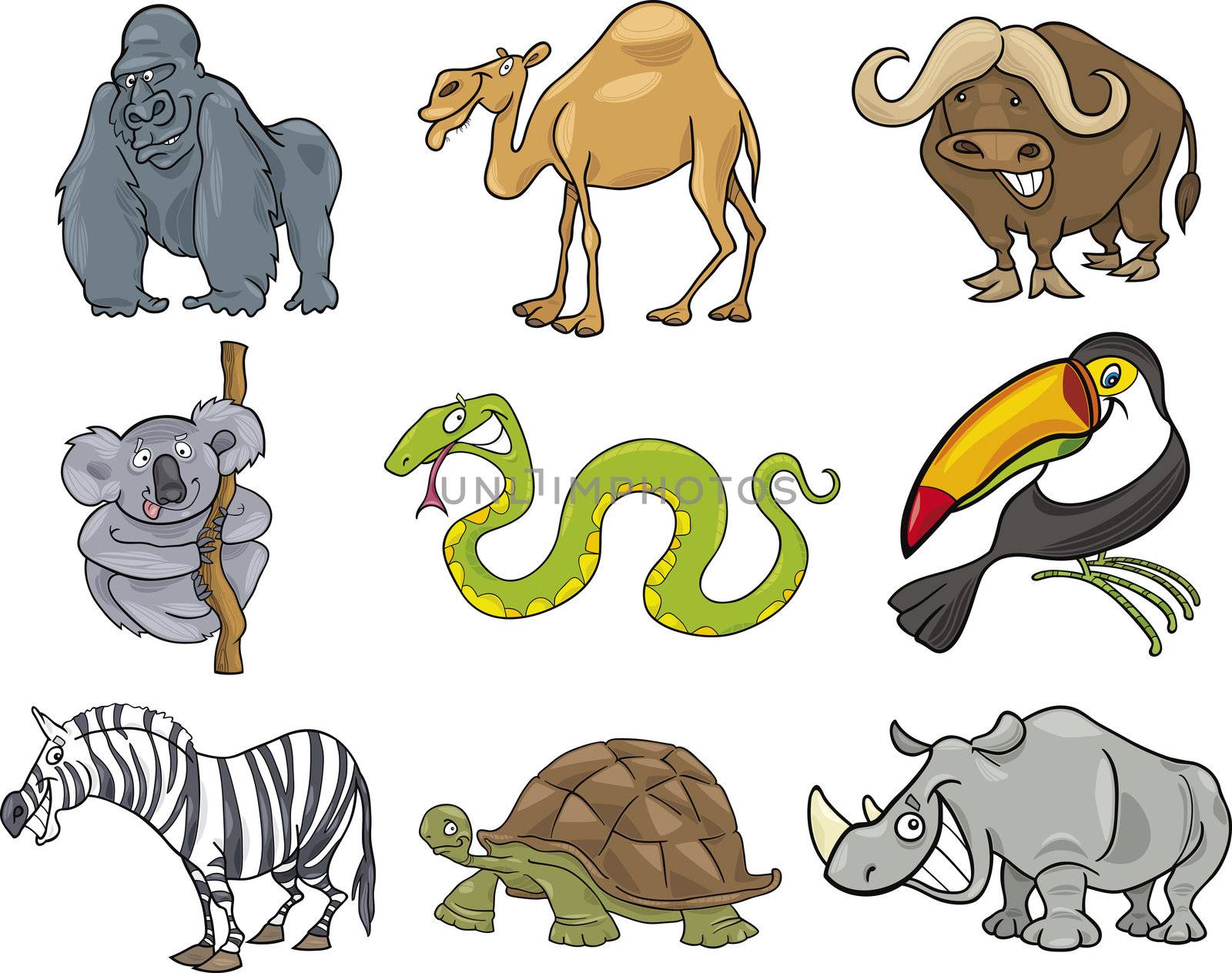 cartoon illustration of nine funny wild animals