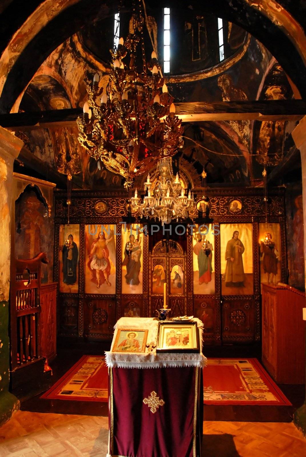 interior of old orthodox church in Serbia, in Saint Roman Monastery