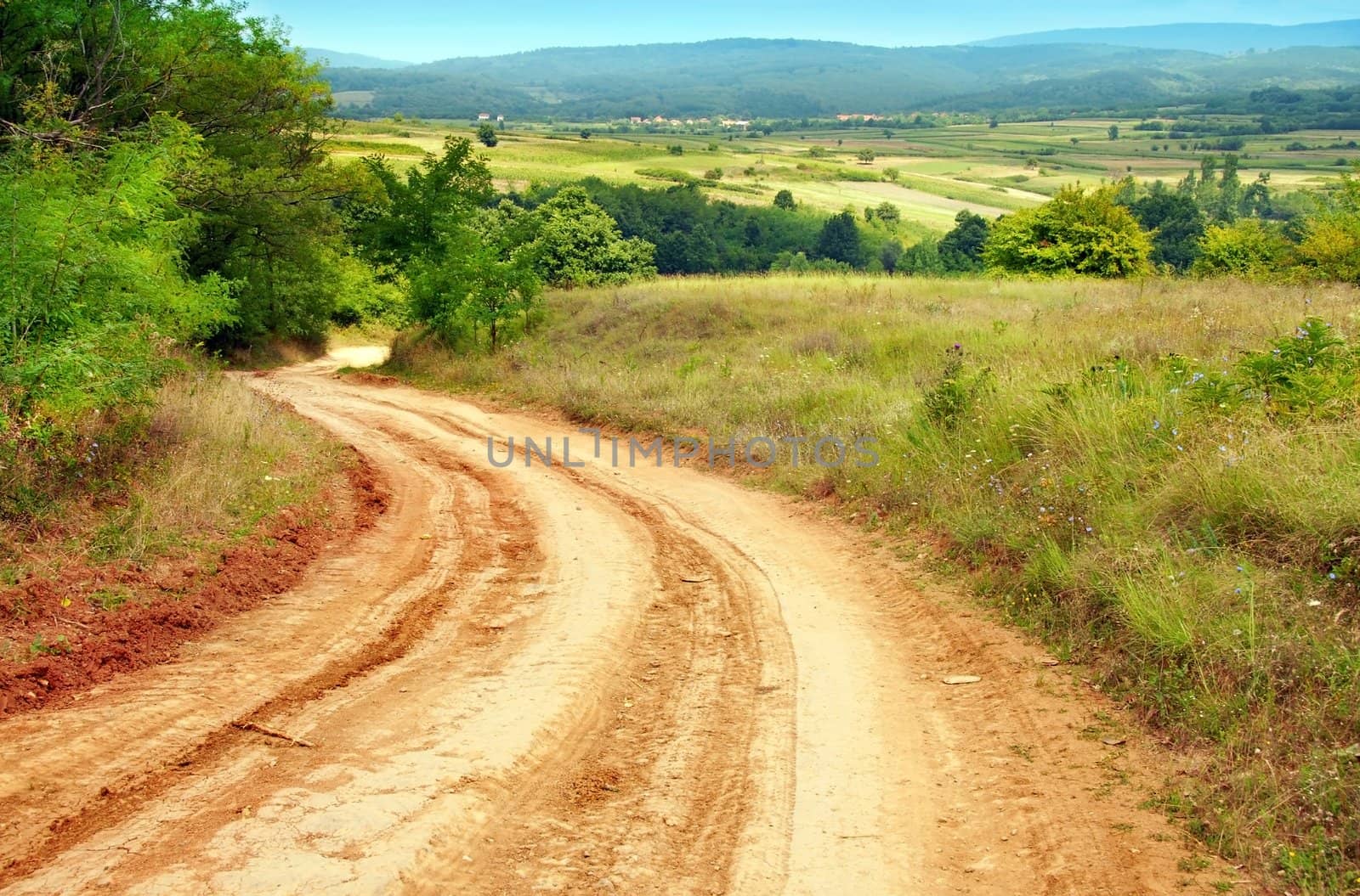 summer rural road and landscape of central Serbia