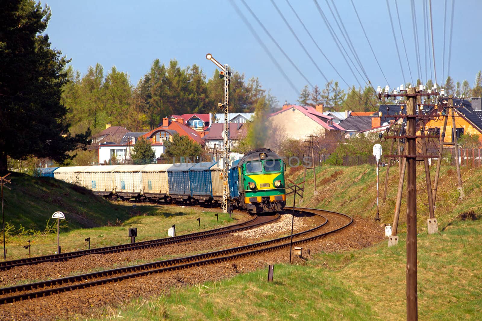 Freight train passing the curve
