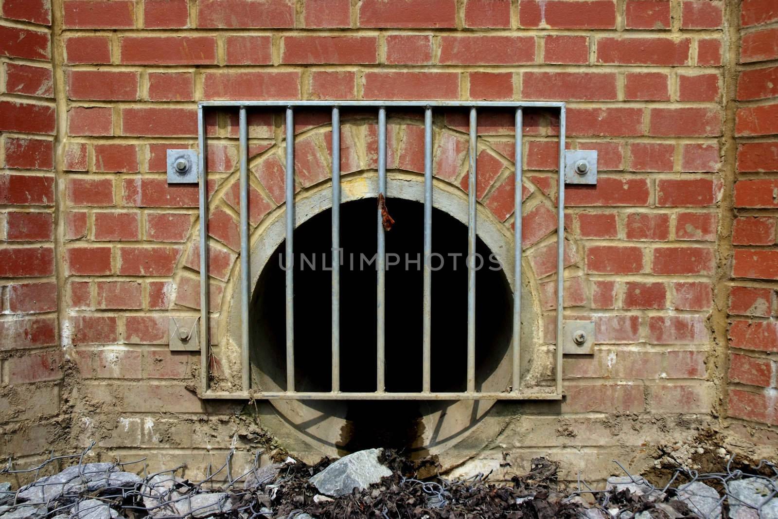 Land drain pipe opening onto river