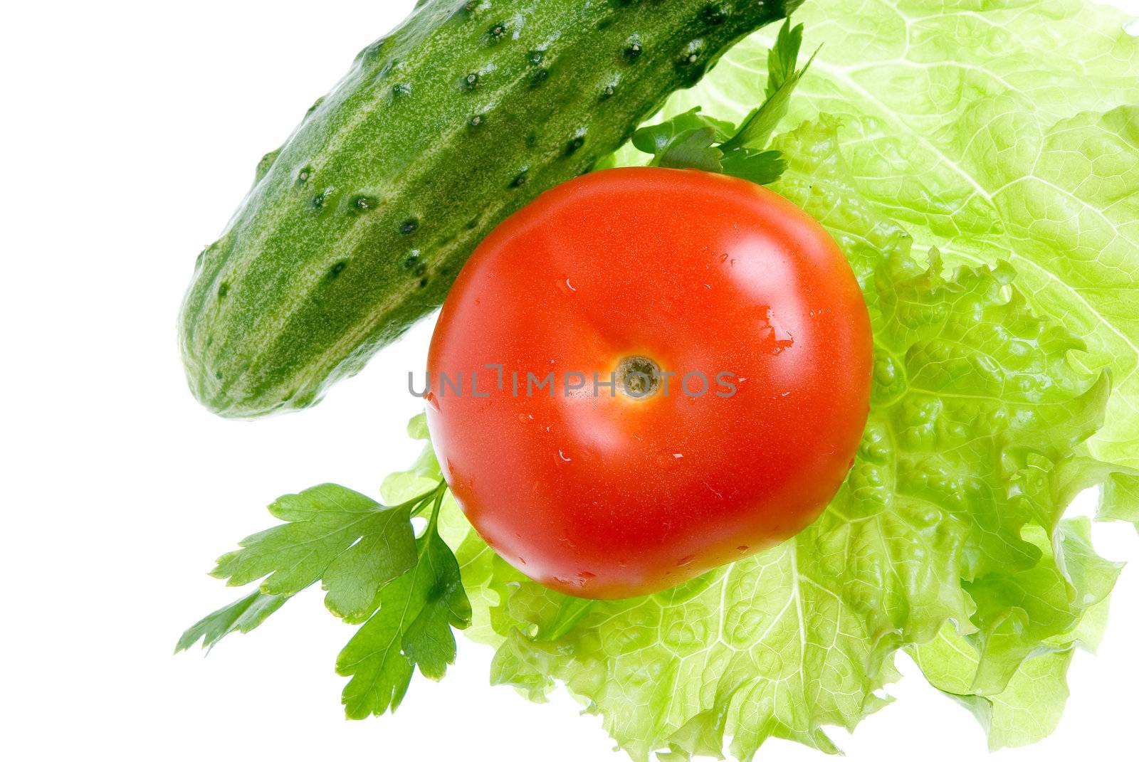 Spring vegetables. A tomato, a cucumber, salad. Useful vitamins